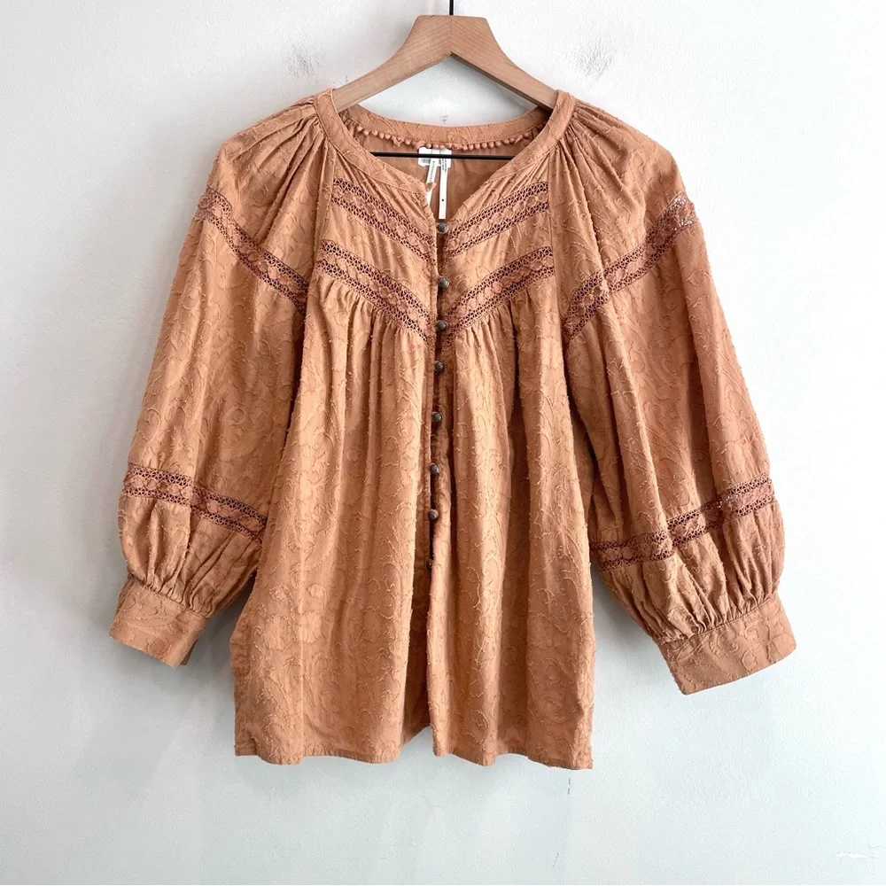 By Anthropologie Harmony Button Down Front Crochet Inset Puff Sleeve Top